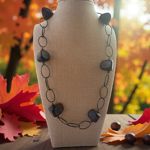 Signed Silpada N1359 Sterling Silver Oval Link & Ebony Wood Necklace - Picture 1 of 5